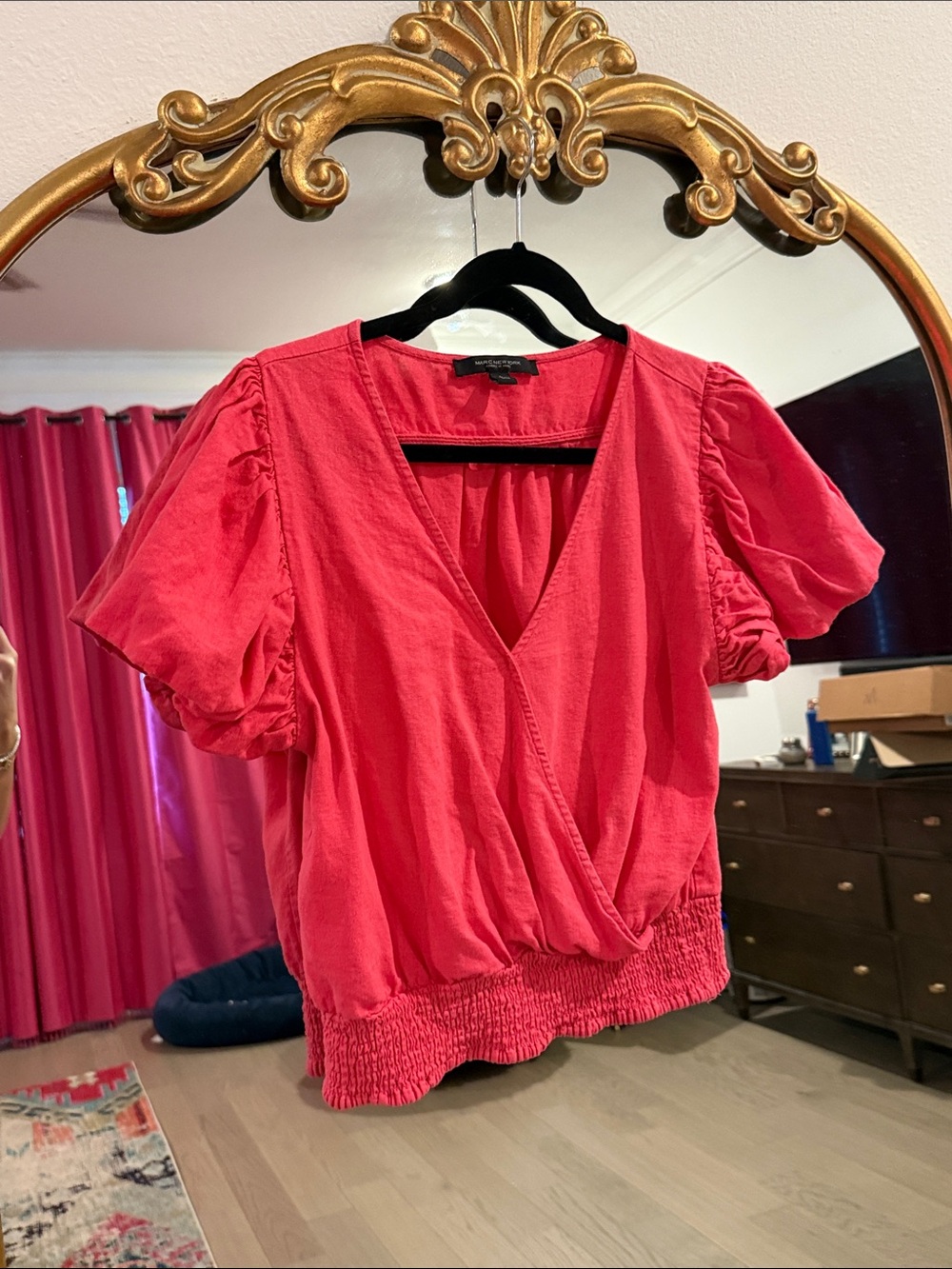 Linen Coral Puff Sleeve Wrap Top Sz L